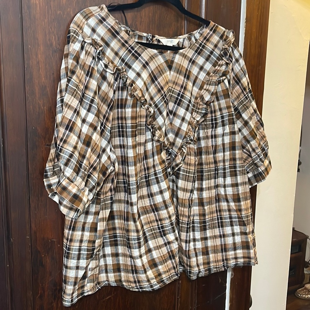Terra and sky brown plaid shirt